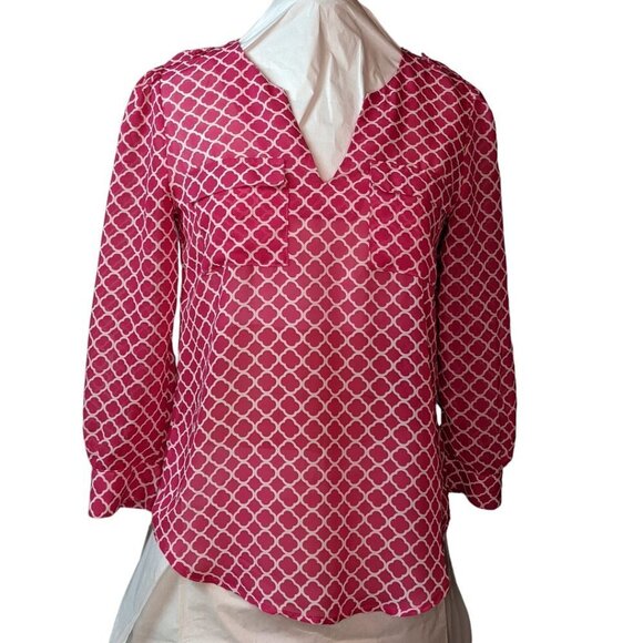 GAP Camp Style Semi Sheer V Neck Blouse Hot Pink and White Size Extra Small - Picture 1 of 9